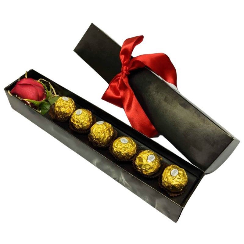 Mimo na Caixa "Preta" com 1 Rosa + Chocolate Ferrero Rocher